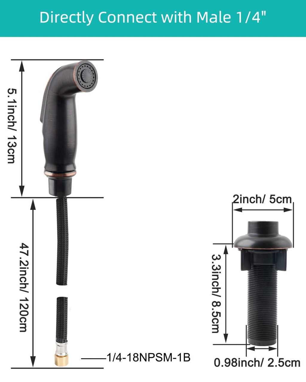 Black sink spray head and braided hose with male 1/4-inch connector and quick-connect