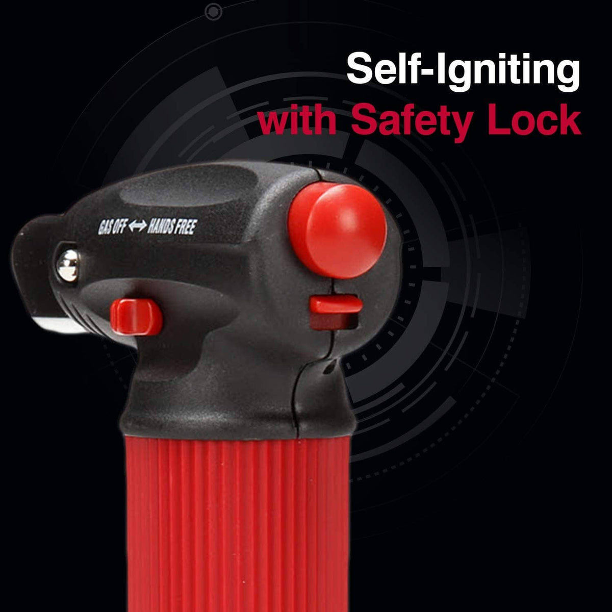 Handheld butane torch lighter with red safety lock dial and two control buttons.