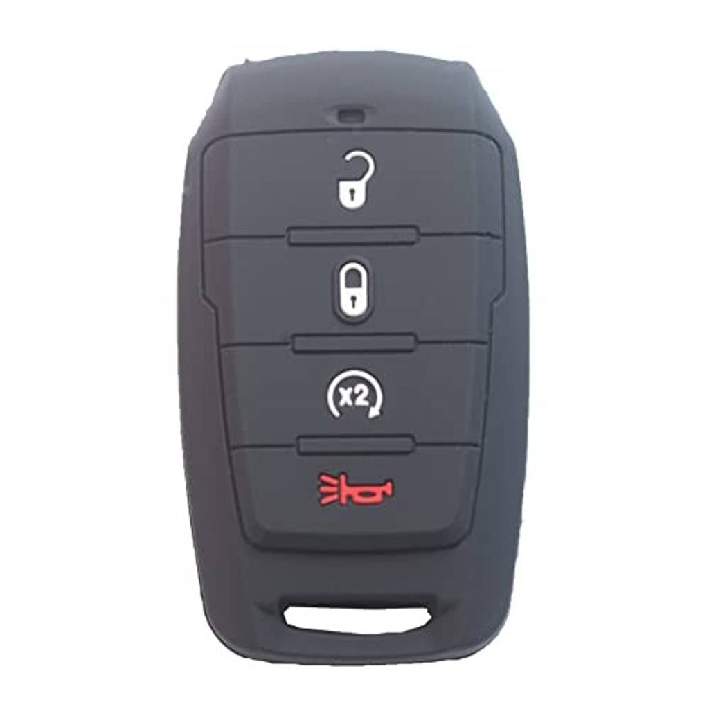 Black silicone key fob cover with white lock icons and red symbol, 4-button layout
