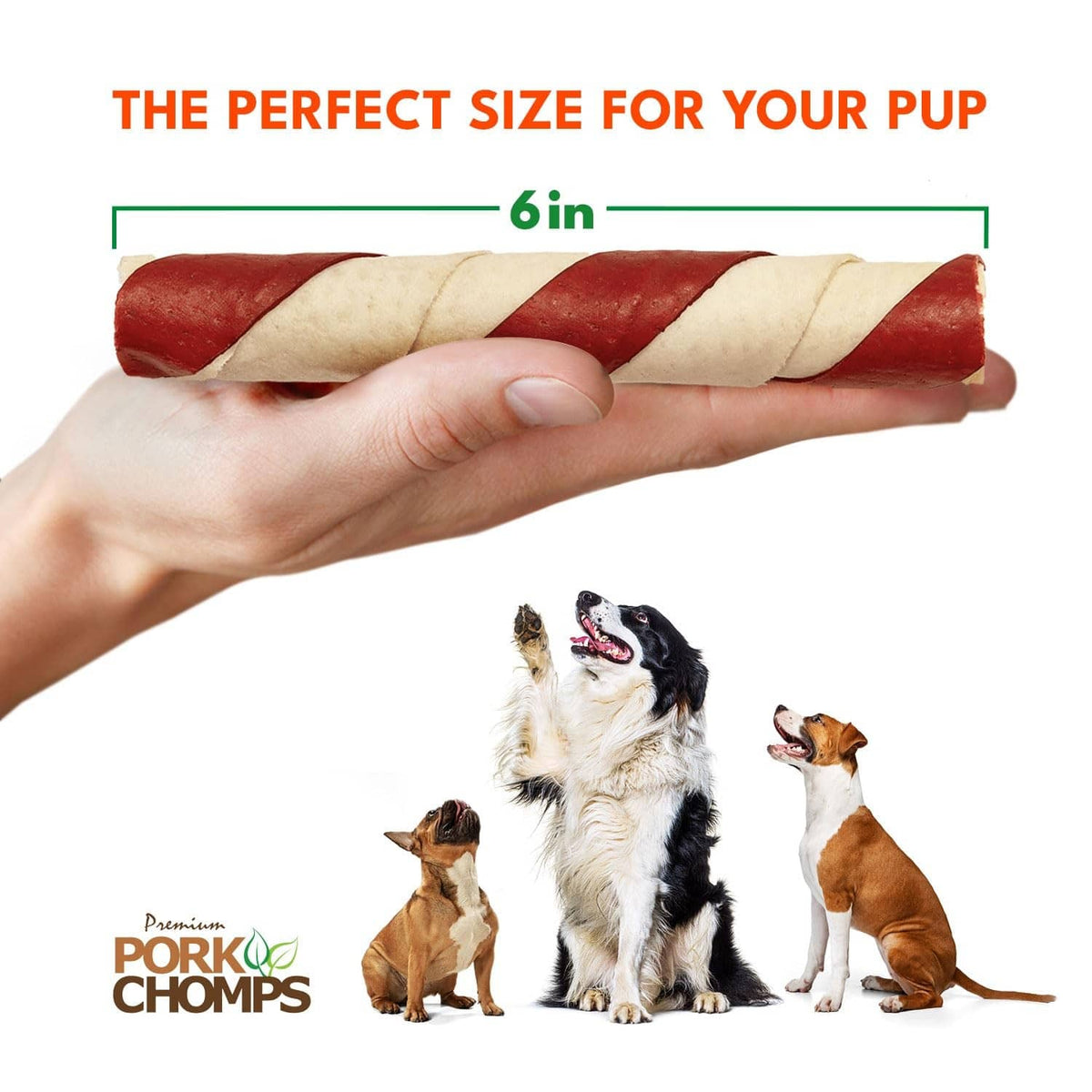 6-inch twisted pork skin dog chew, red-and-cream stripes, rawhide-free