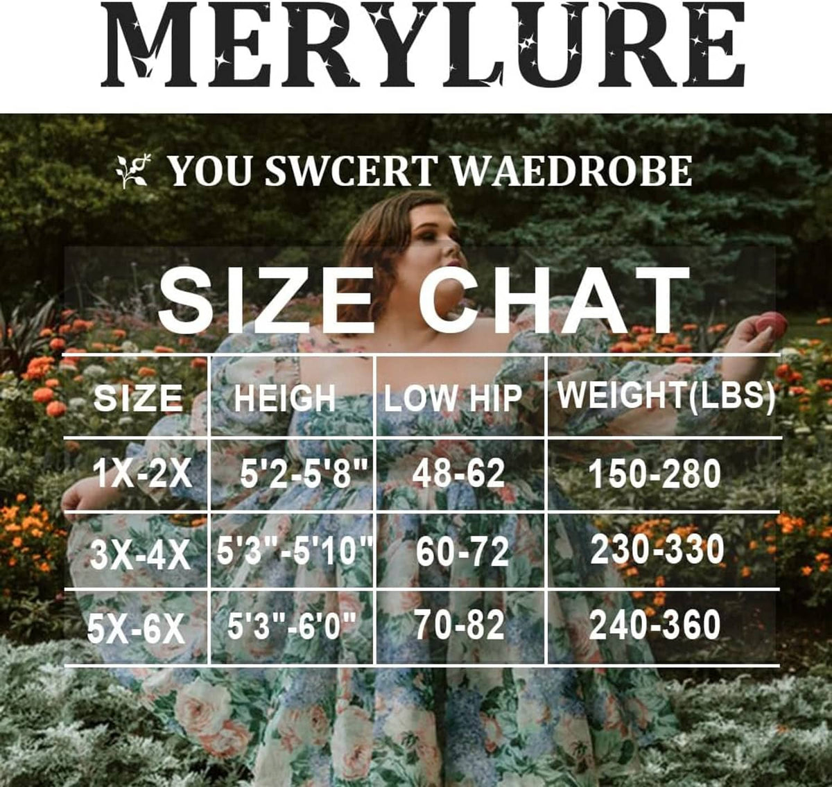 MERYLURE plus size sheer tights size chart with height, hip, and weight table