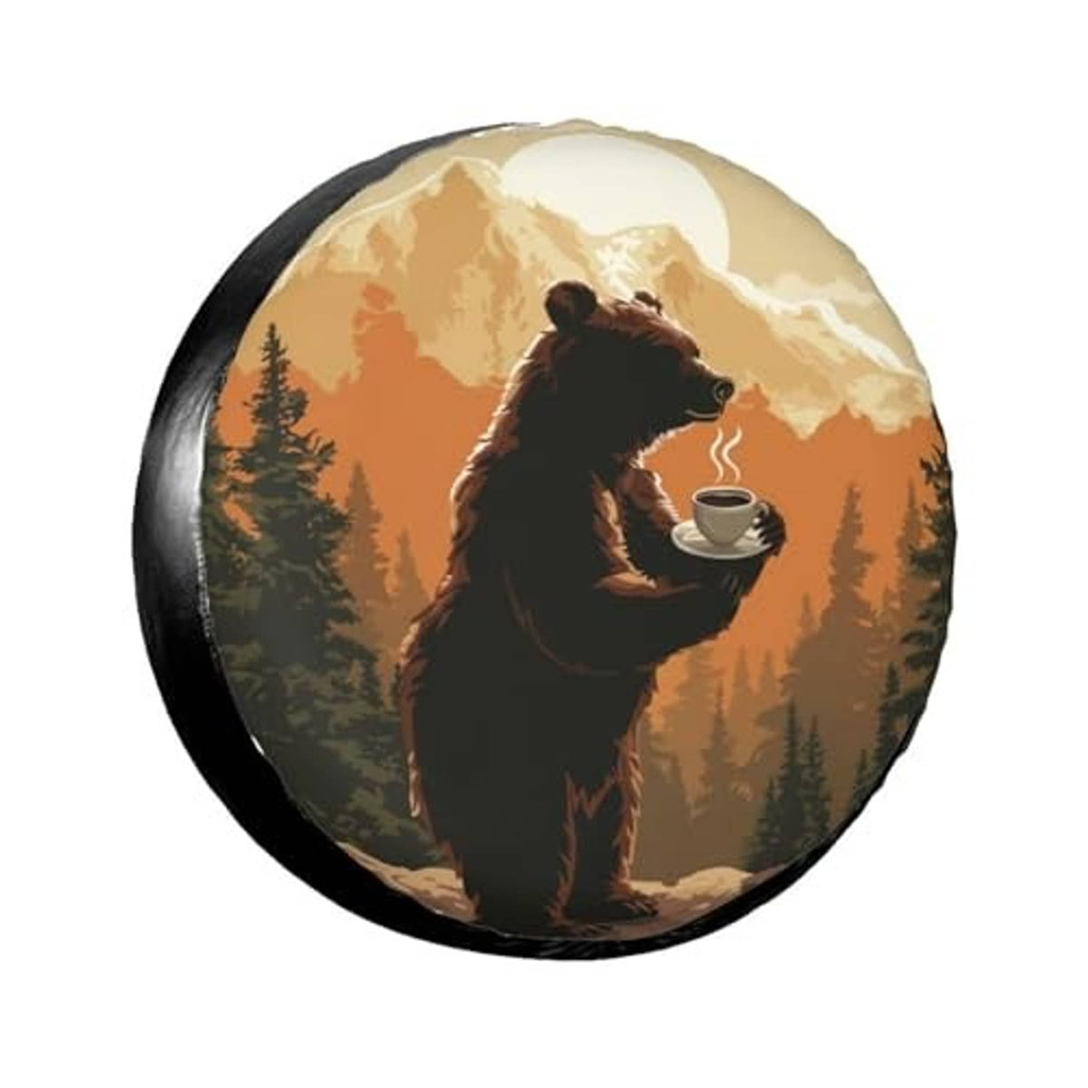RV spare tire cover with dark bear and coffee cup over mountain and forest scene