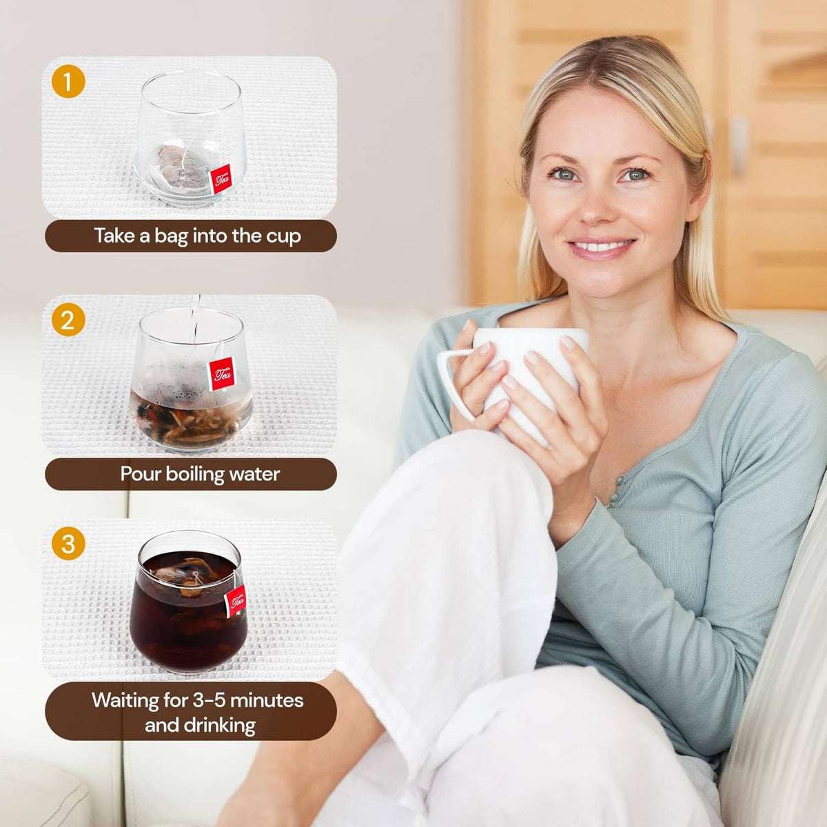 Tea brewing steps showing cup, hot water, steeping bag, and drinking instructions