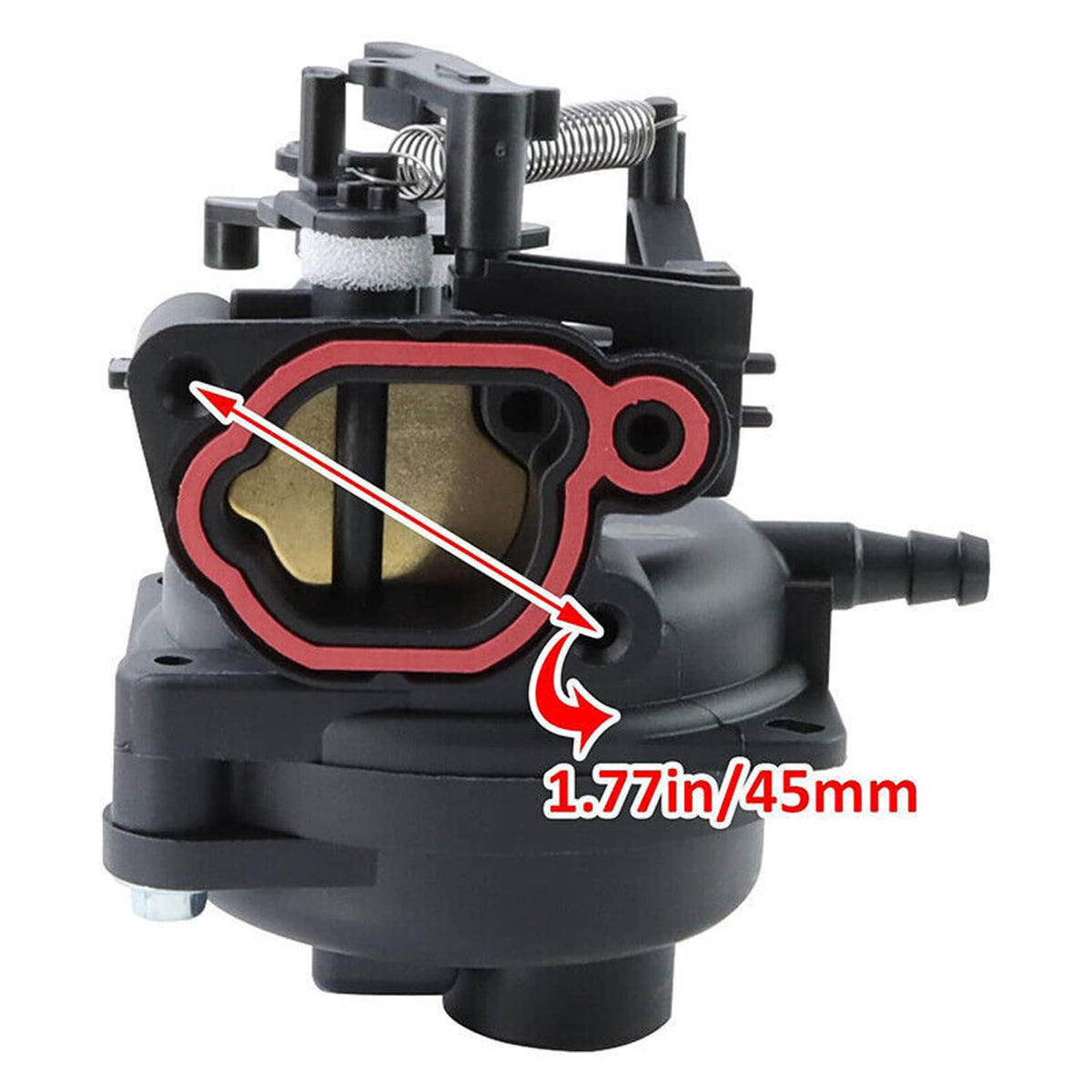 Black carburetor with red intake gasket, 45mm intake size indication, and lever assembly