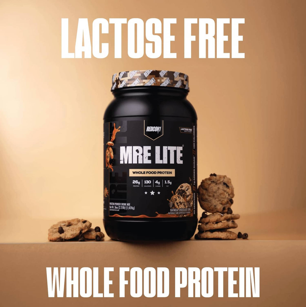 REDCON1 MRE LITE lactose-free whole food protein powder tub, oatmeal chocolate chip