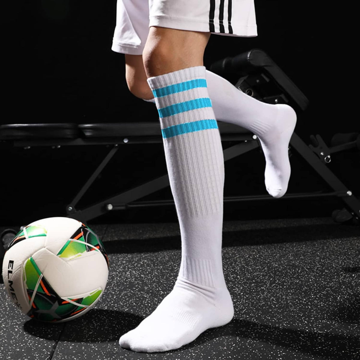 White knee-high socks with blue striped bands