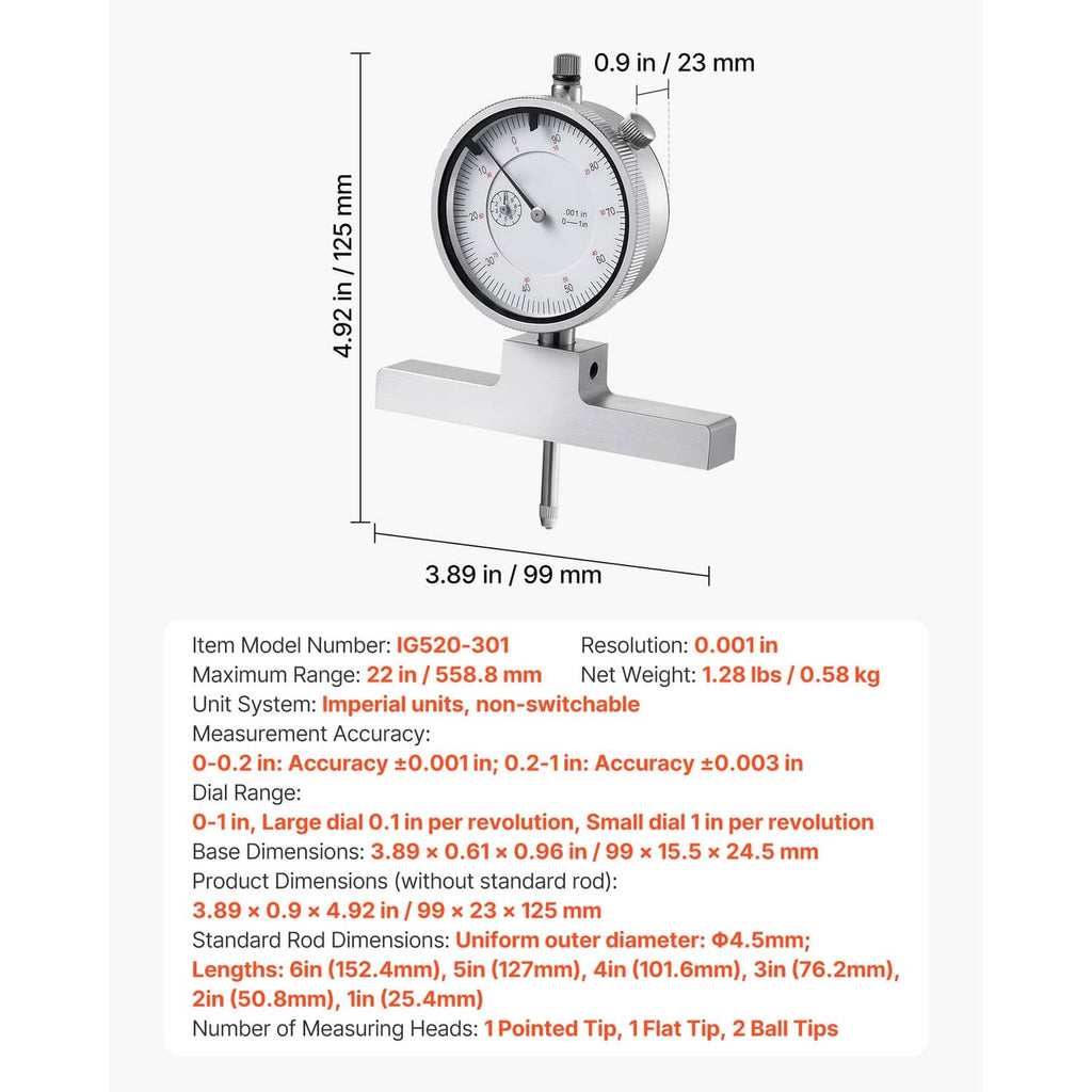 Dial depth gauge micrometer on metal anvil with vertical probe rod and knurled knob