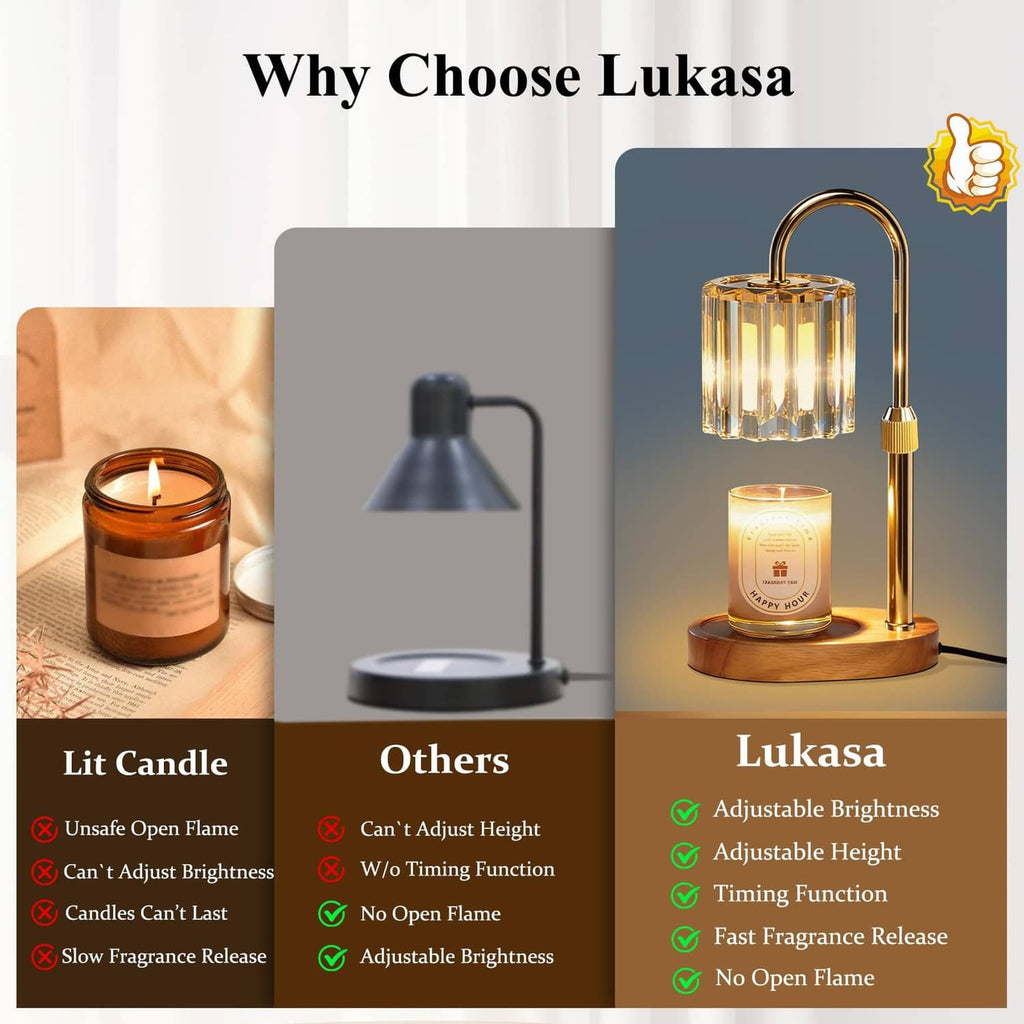 Lukasa candle warmer lamp with clear glass cylinder and lit candle jar on wooden base