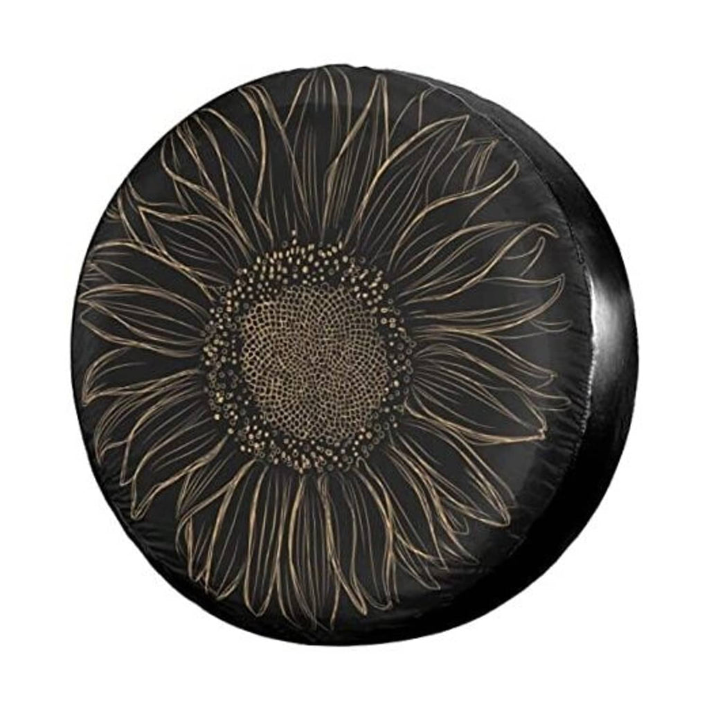 Black spare tire cover with gold sunflower floral center design