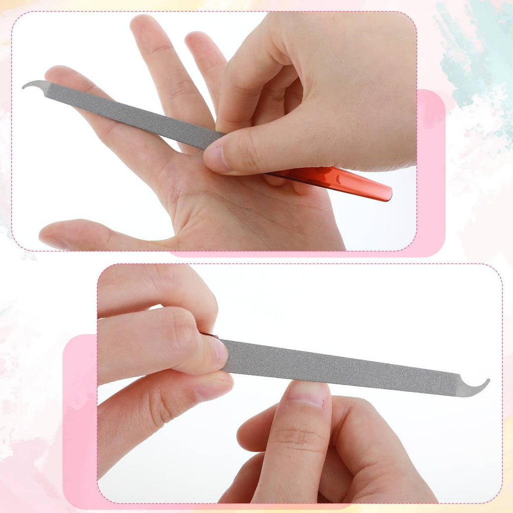 Metal diamond nail file with gray abrasive strip and orange handle, held in hand.