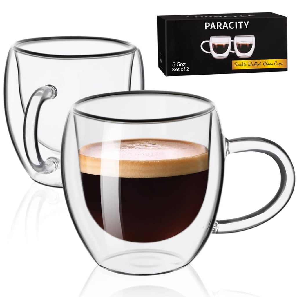 Clear double-wall espresso cups set of 2, round glass with side handles
