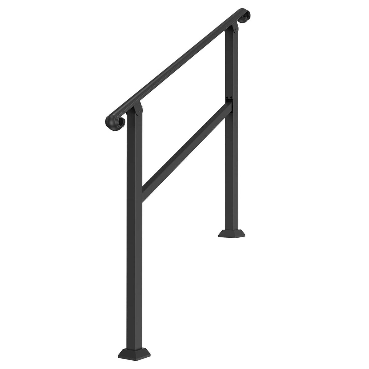 Black wrought iron stair handrail with two posts and rounded top rail.
