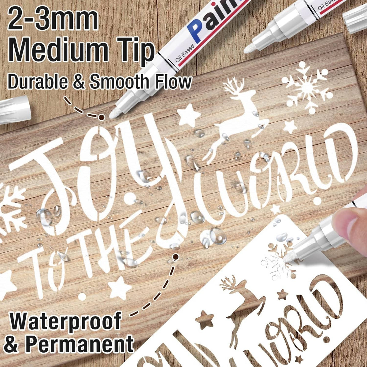 White paint marker with medium tip, with several markers and printed stencil letters