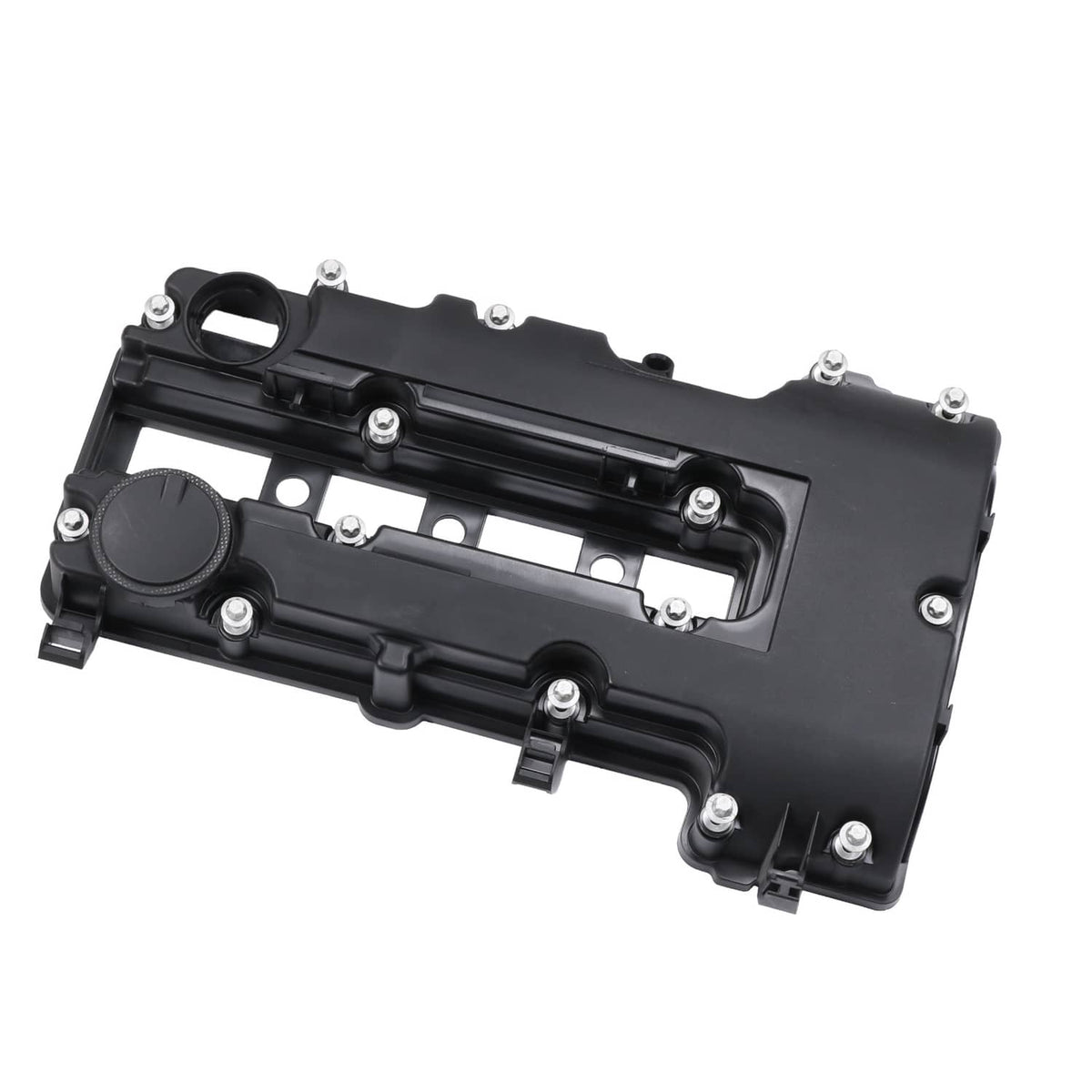 Black camshaft valve cover with gasket channels and bolt holes, side view