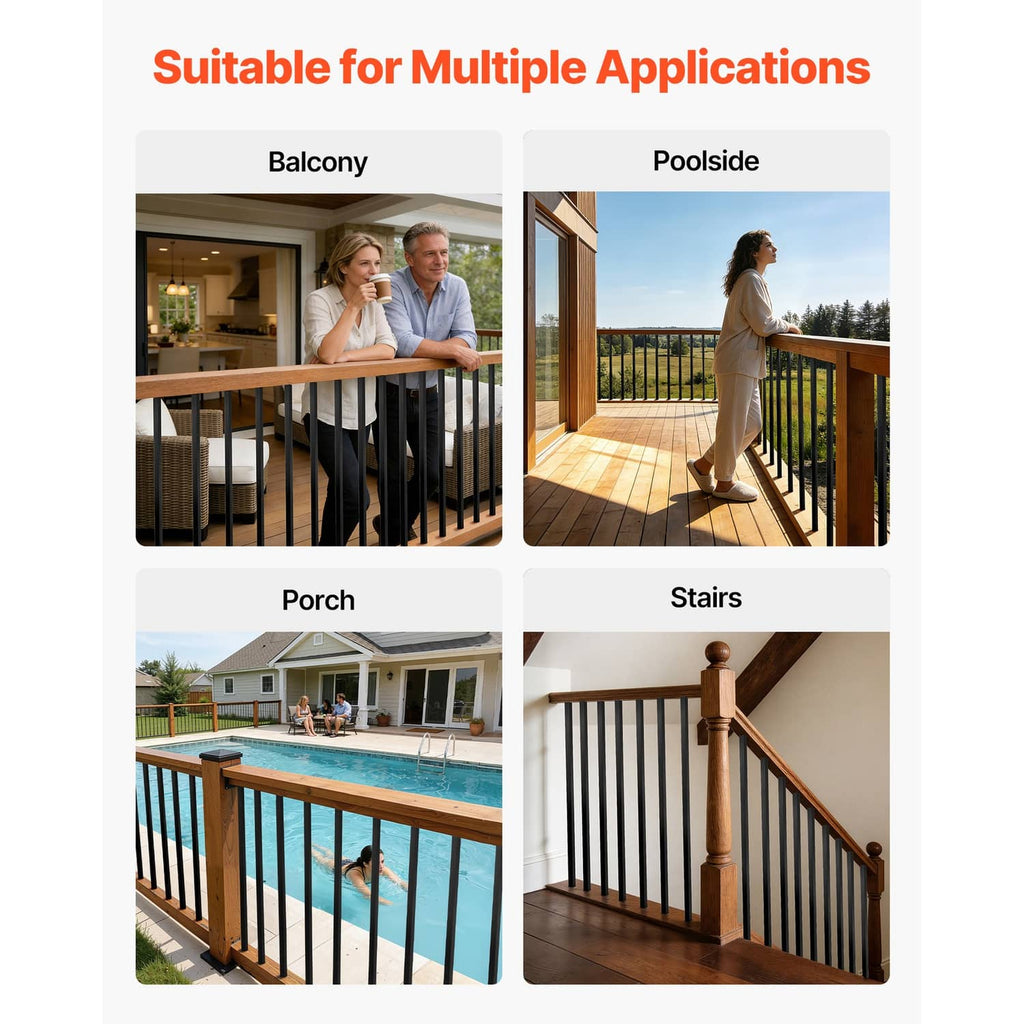 Black aluminum railing balusters for balcony, porch, poolside, and stair applications