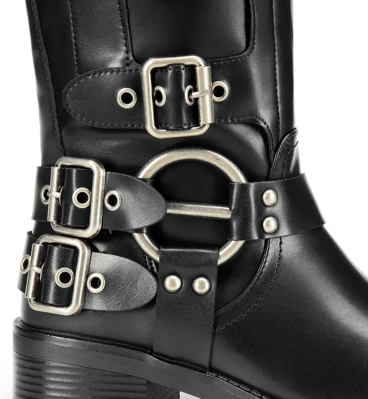 Black knee-high boot close-up with square toe; silver buckle straps and arched collar
