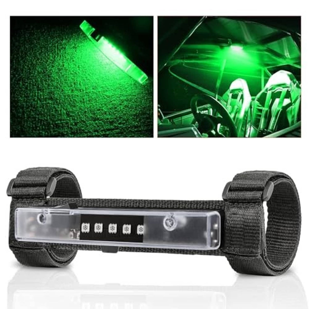 Green LED light bar with clear center panel and black strap holders, front view