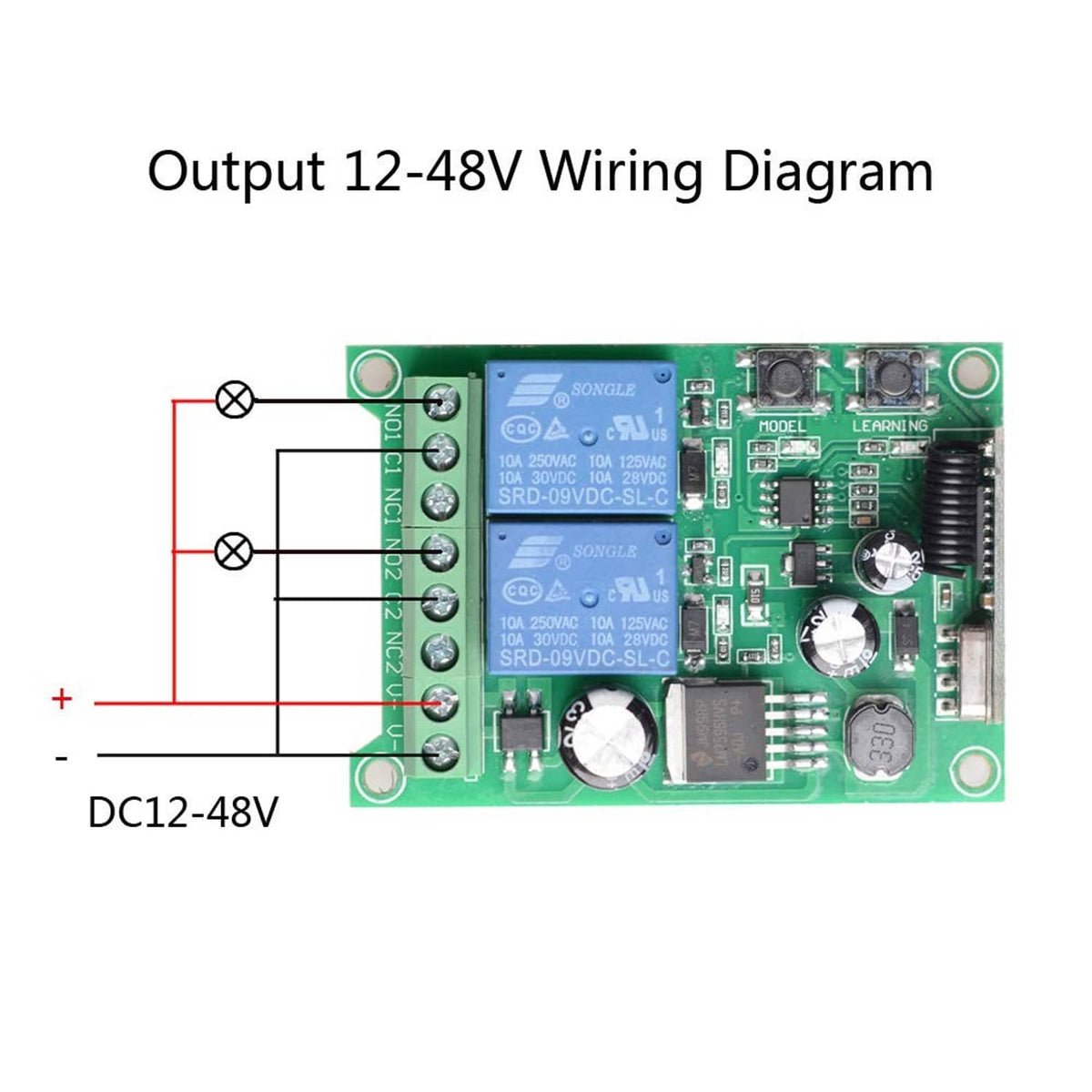 DC 12–48V wireless remote switch wiring diagram with labeled output connections