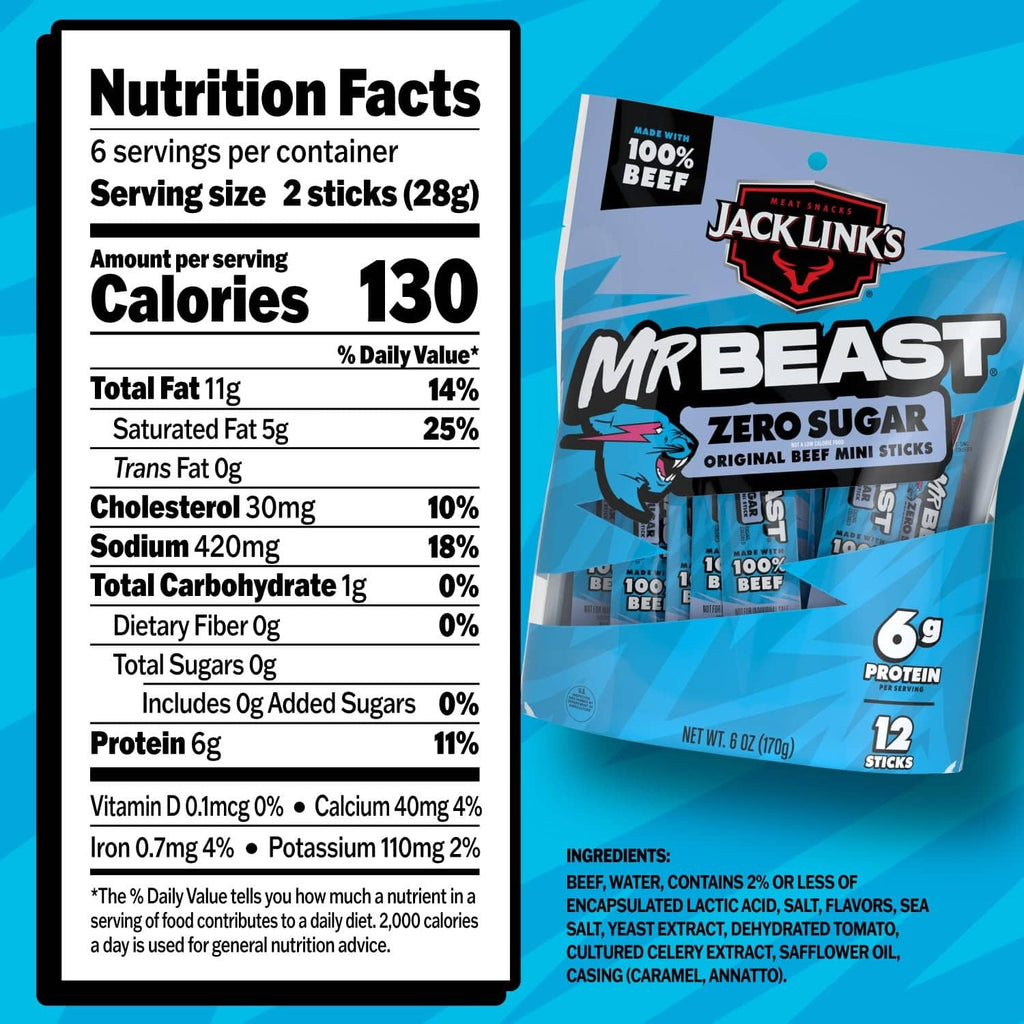 Nutrition facts for zero sugar original beef mini sticks; serving size 2 sticks