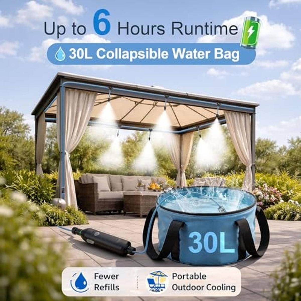 Portable outdoor cooling water bag, blue 30L collapsible bag with misting hose