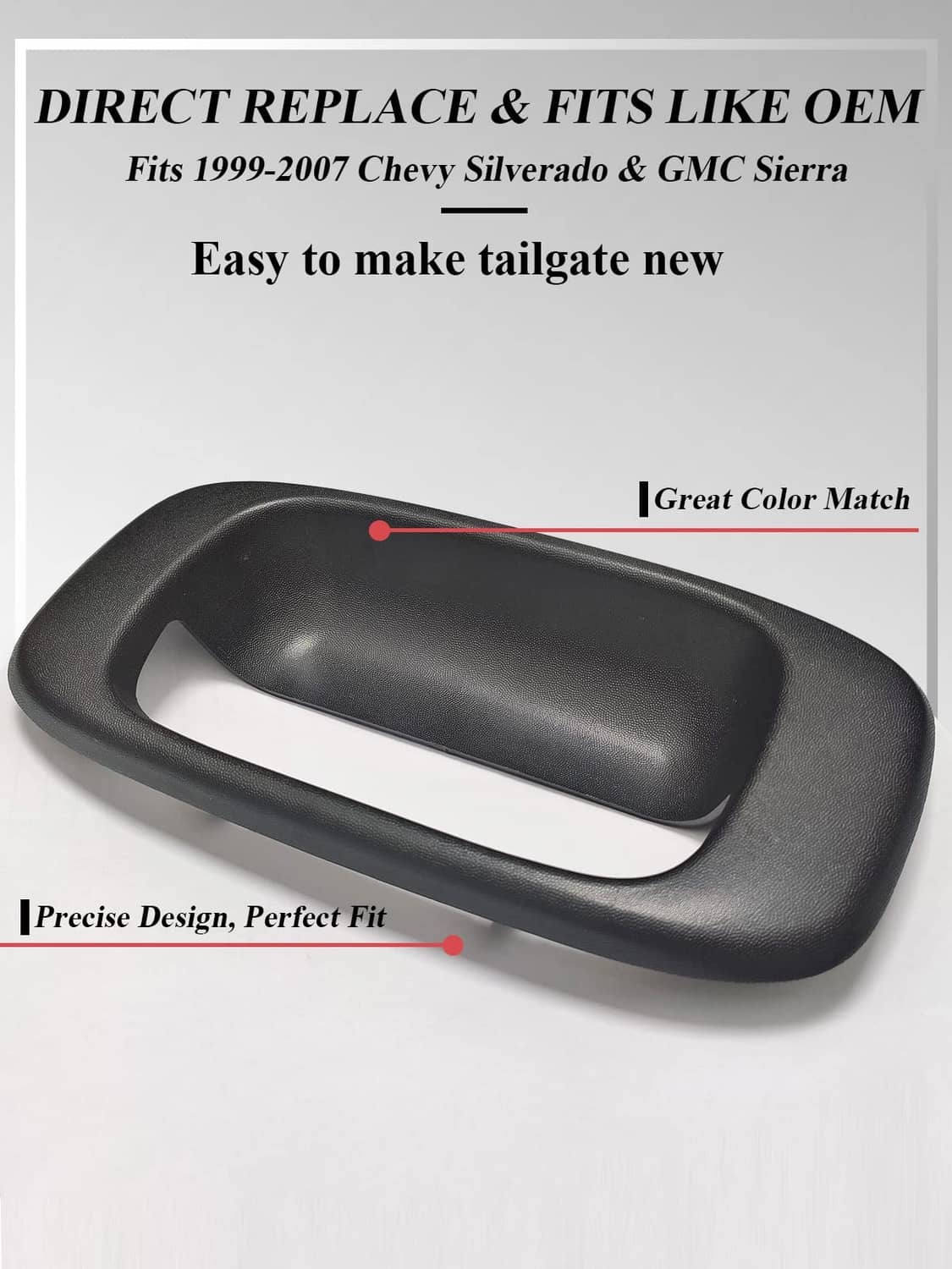 Black tailgate handle bezel trim, angled view, textured finish