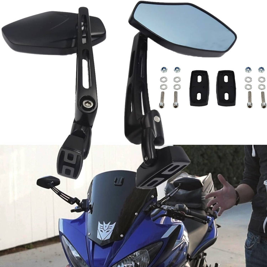 Black motorcycle side rearview mirrors with blue-tinted glass and mounting bolts