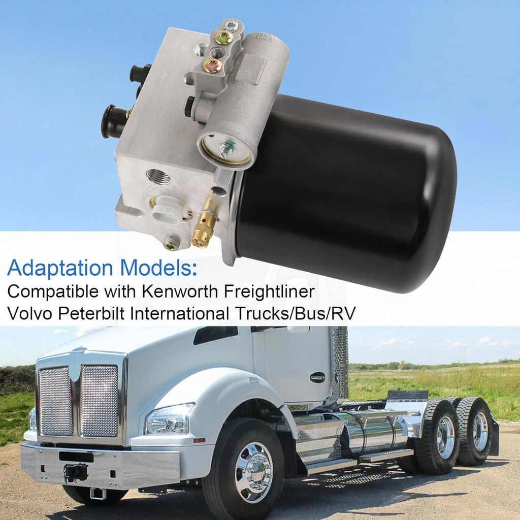 12V air dryer assembly with black canister and aluminum base plate