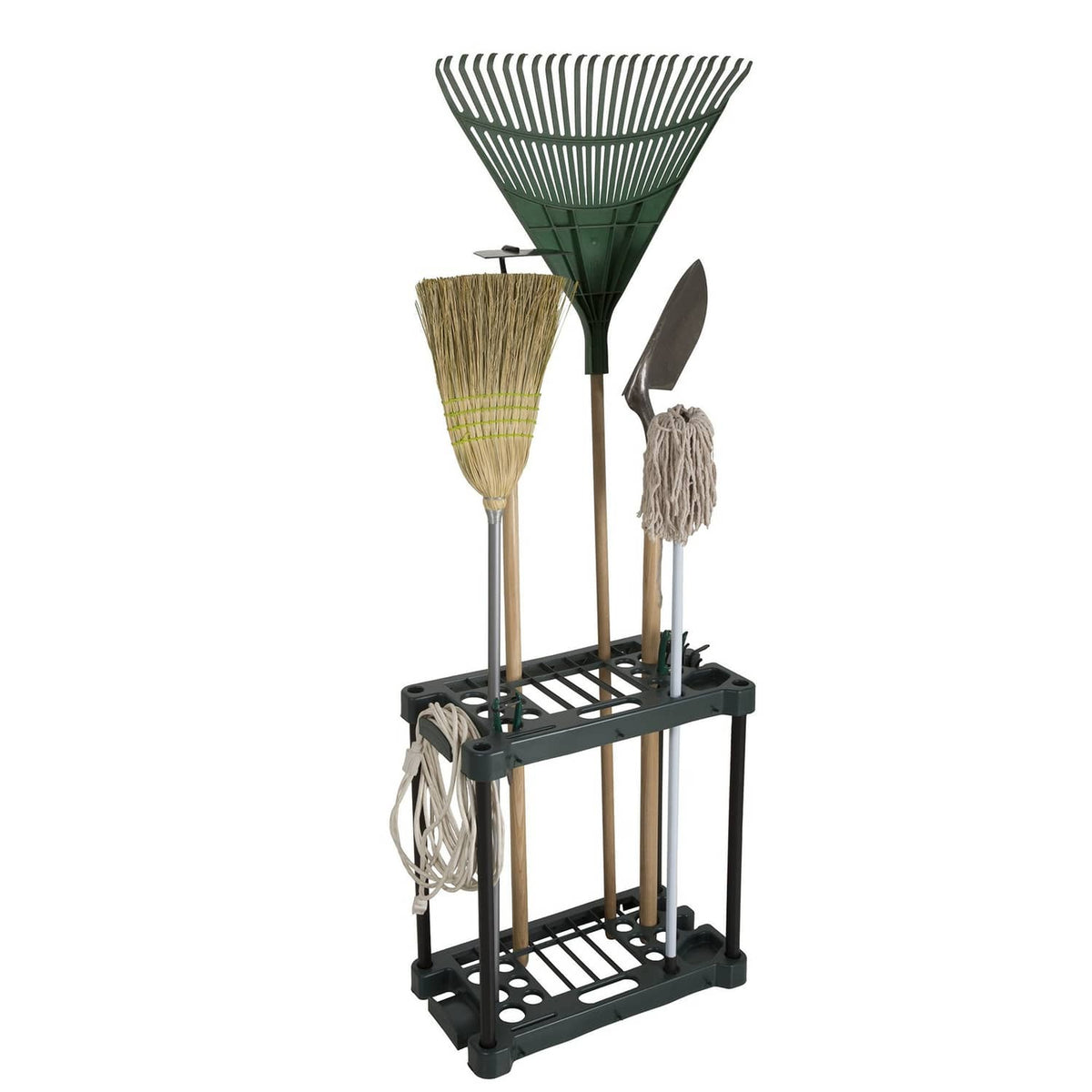 Dark green standing tool rack with two shelves and slots for broom and shovel handles