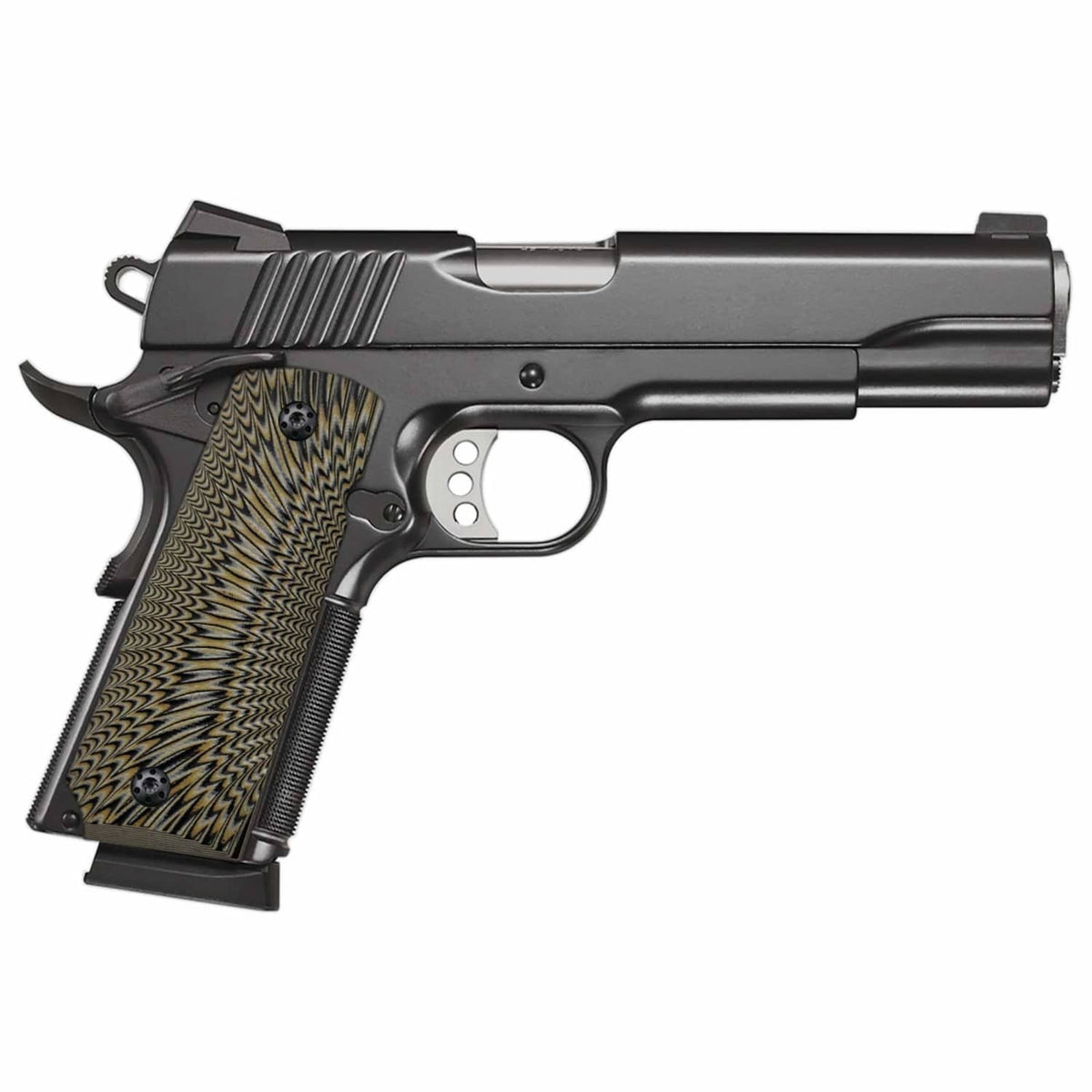 Full-size pistol with coyote tan wavy sunburst G10 grip panels and textured checkered area
