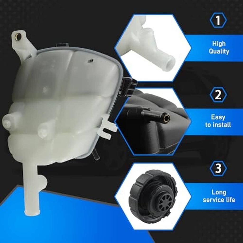 Engine coolant overflow reservoir tank with sensor, fittings, and cap shown