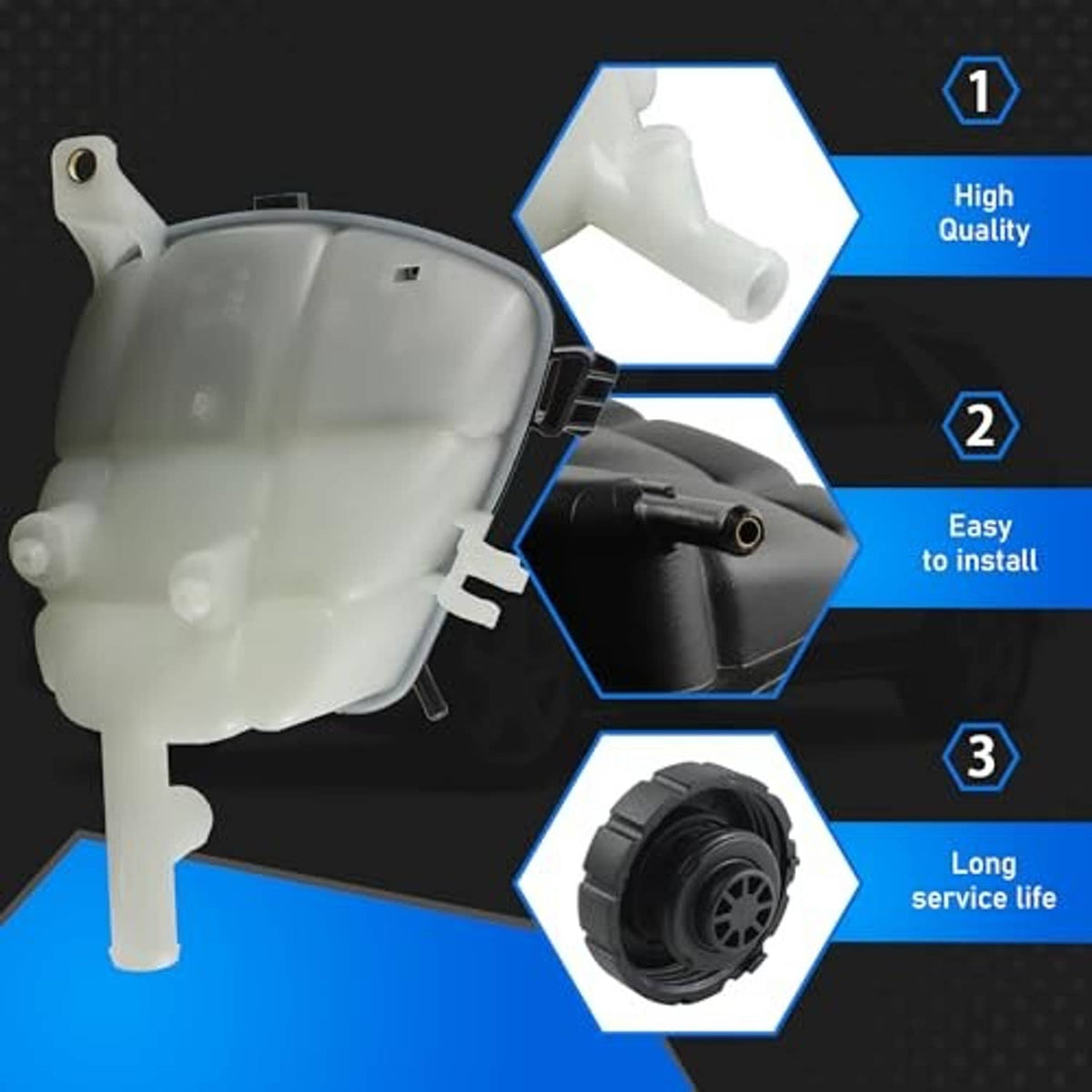 Engine coolant overflow reservoir tank with sensor, fittings, and cap shown