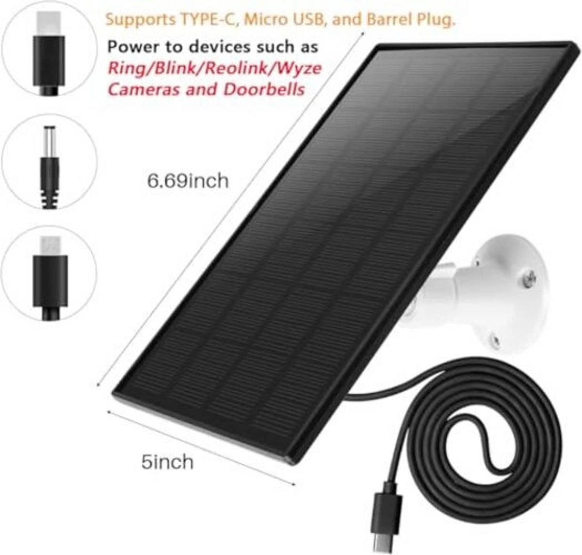 Solar panel charger with wall mount bracket and long charging cable