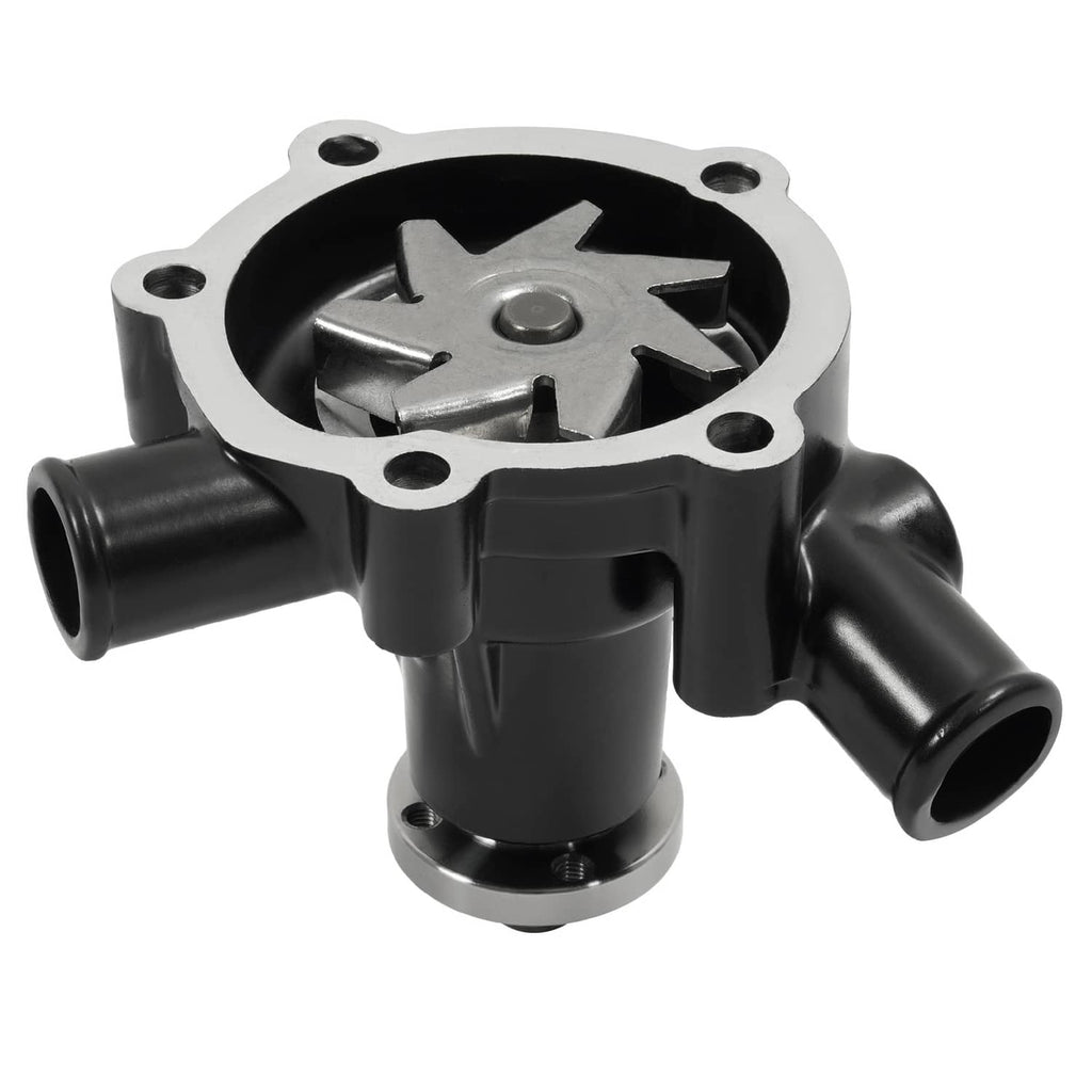 Water pump assembly with circular inlet/outlet ports and black rubber hose ends