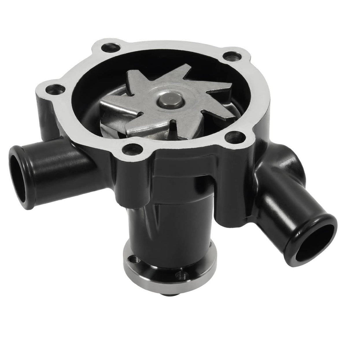 Water pump assembly with circular inlet/outlet ports and black rubber hose ends