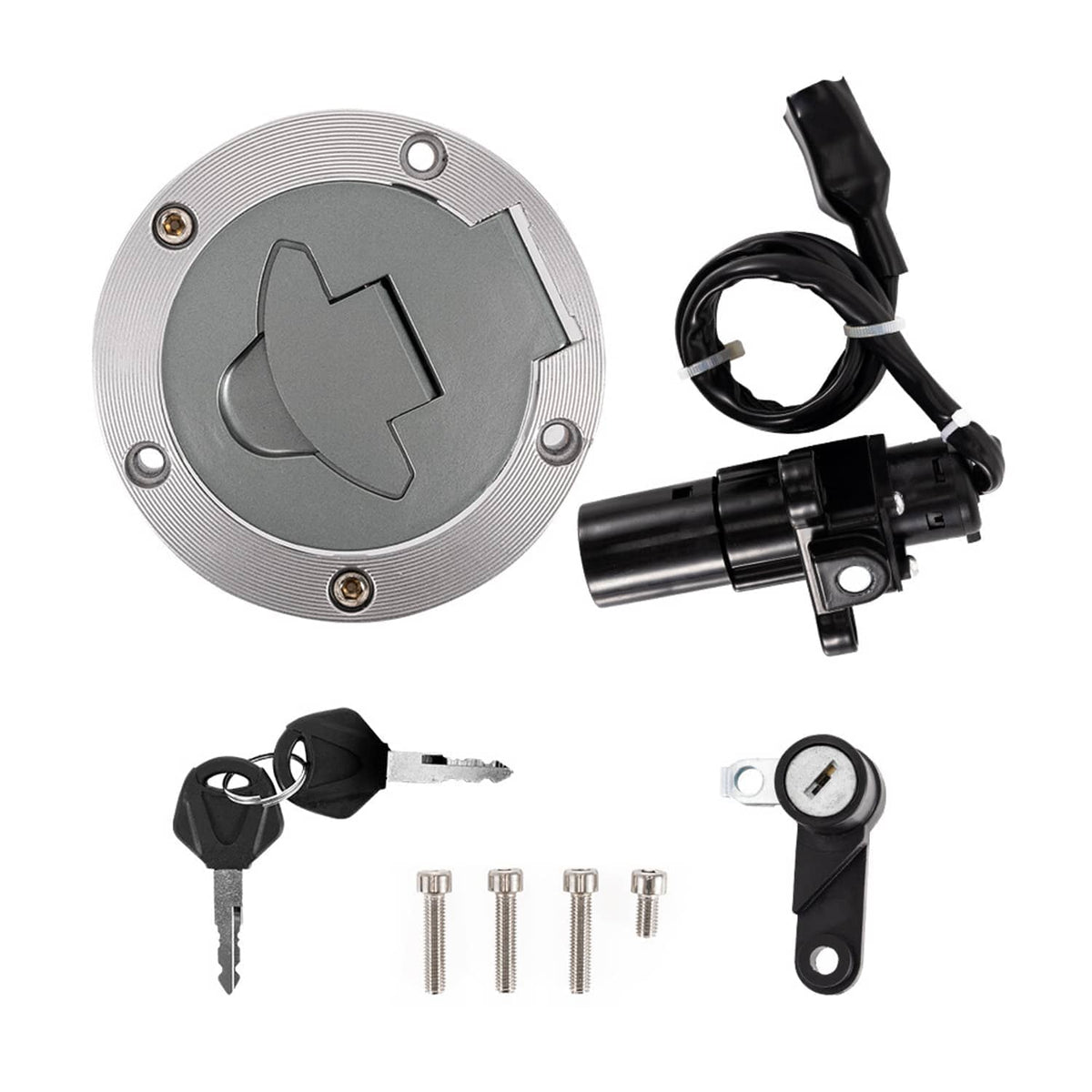 Fuel cap lock and ignition switch key set with keys, cylinder, and mounting screws