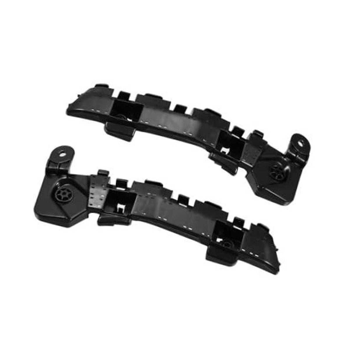 Front bumper mounting support bracket pair, black plastic brackets with mounting holes