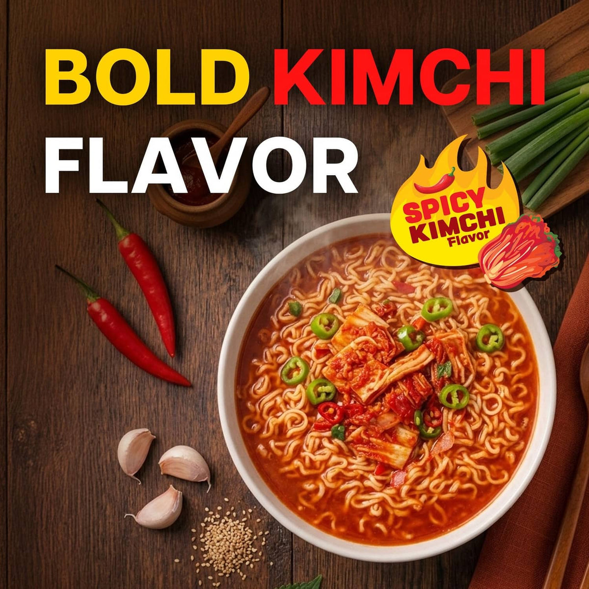 Kimchi instant ramen bowl with red broth, kimchi pieces, green onions, and chili peppers