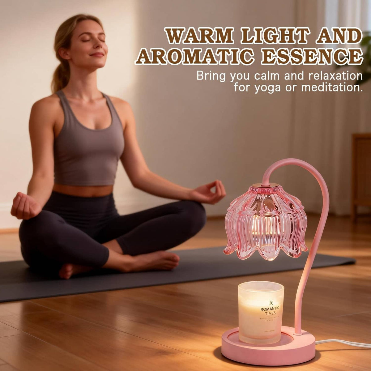 Pink flower candle warmer lamp with lit jar candle and curved slim stand