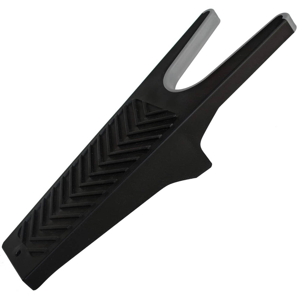 Black rubber-grip boot puller tool with wide serrated foot pad and hook
