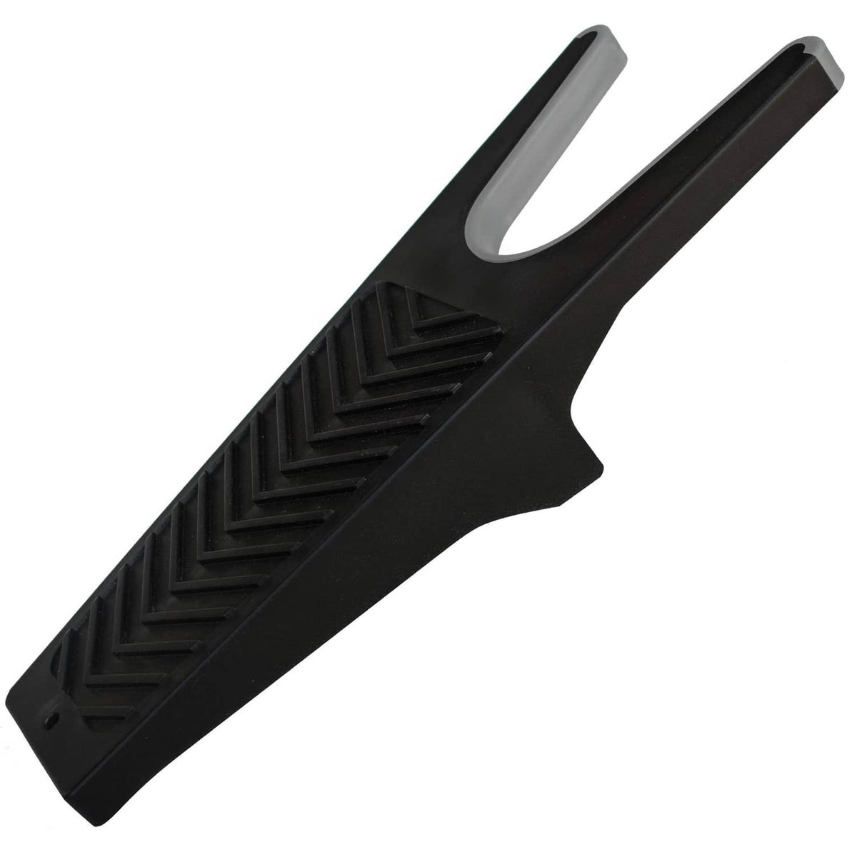 Black rubber-grip boot puller tool with wide serrated foot pad and hook