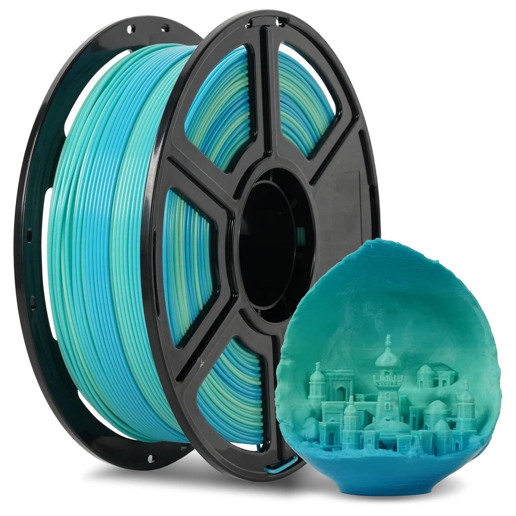 PLA filament spool with blue-to-teal gradient filament and printed sample