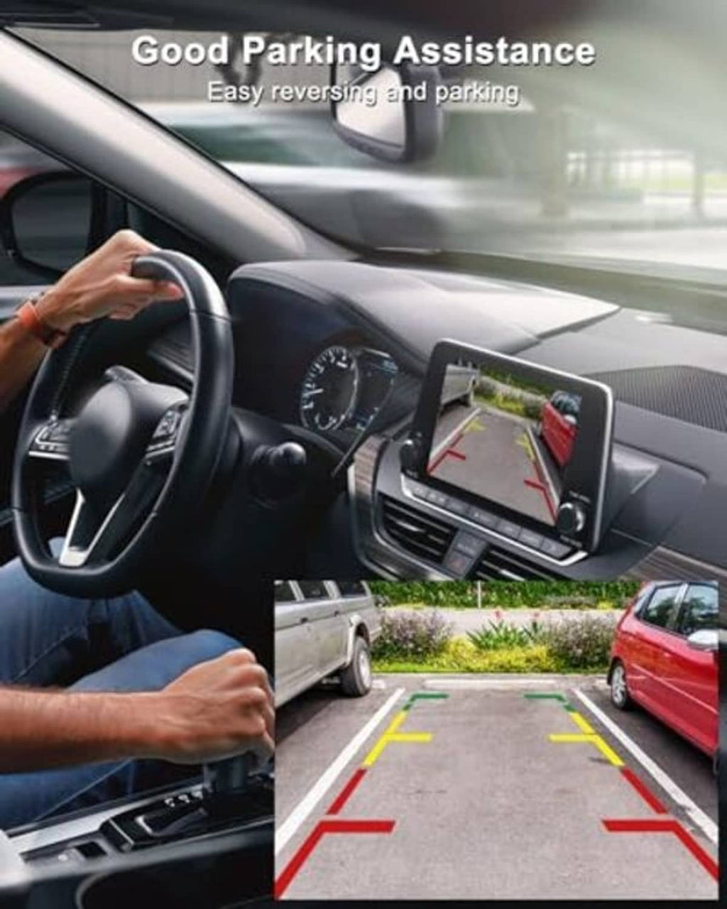 In-car parking monitor showing backup camera view with overlay lines