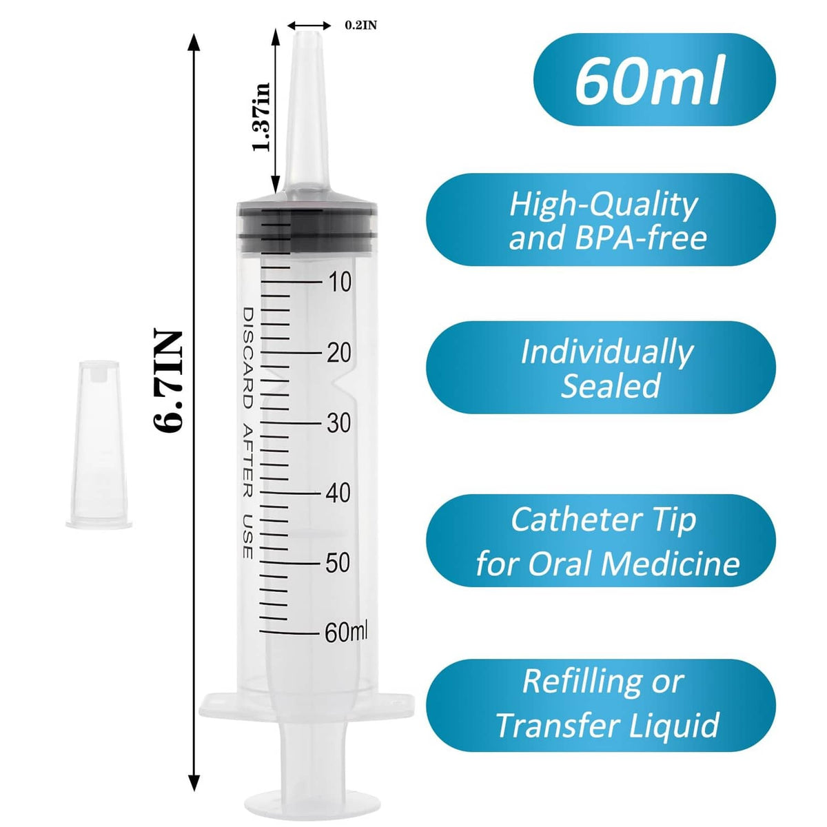 60 ml plastic syringe with cap, clear barrel with scale up to 60 ml