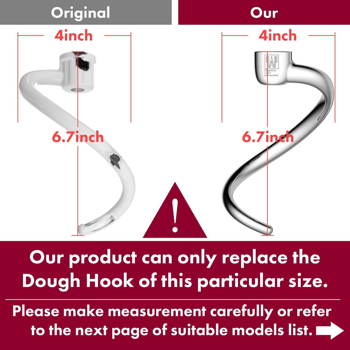 Spiral dough hook size comparison diagram for KitchenAid dough hooks