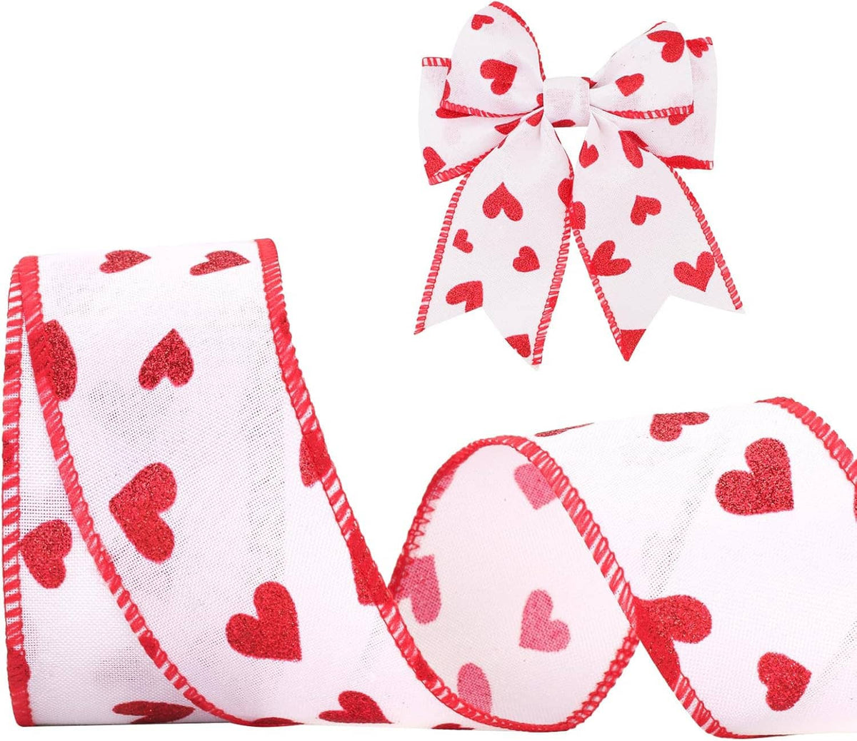 White burlap ribbon with red hearts and wired edge, shown in a ribbon loop