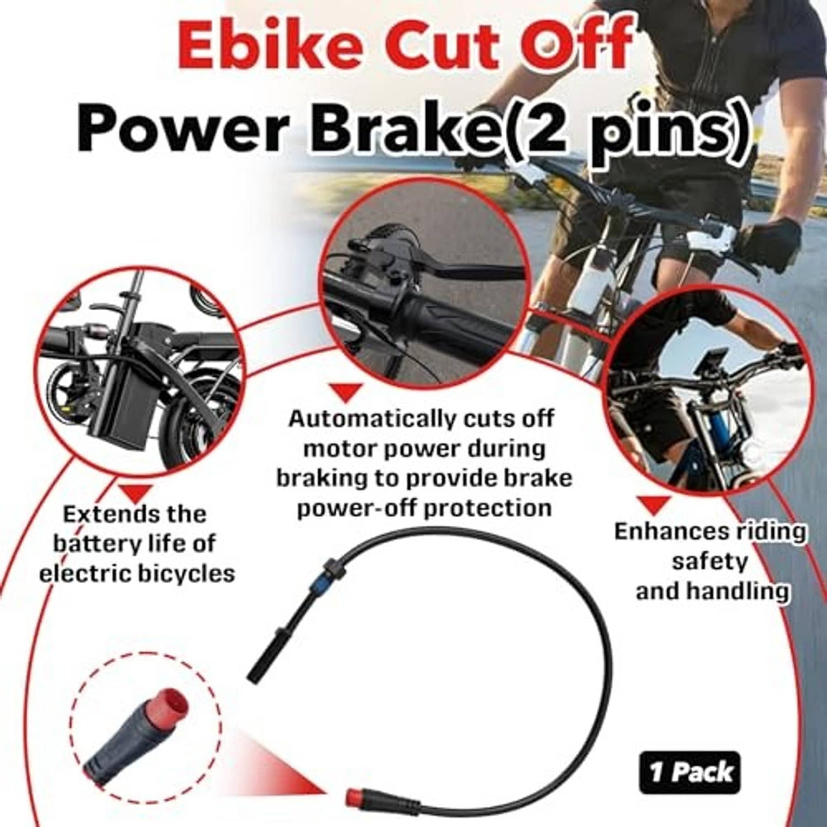 Black 2-pin magnetic brake sensor cable with red-tipped connector and inline plug