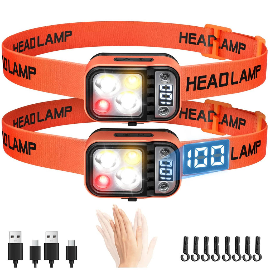 Orange mini LED headlamp set with two light units, elastic strap, side control panel