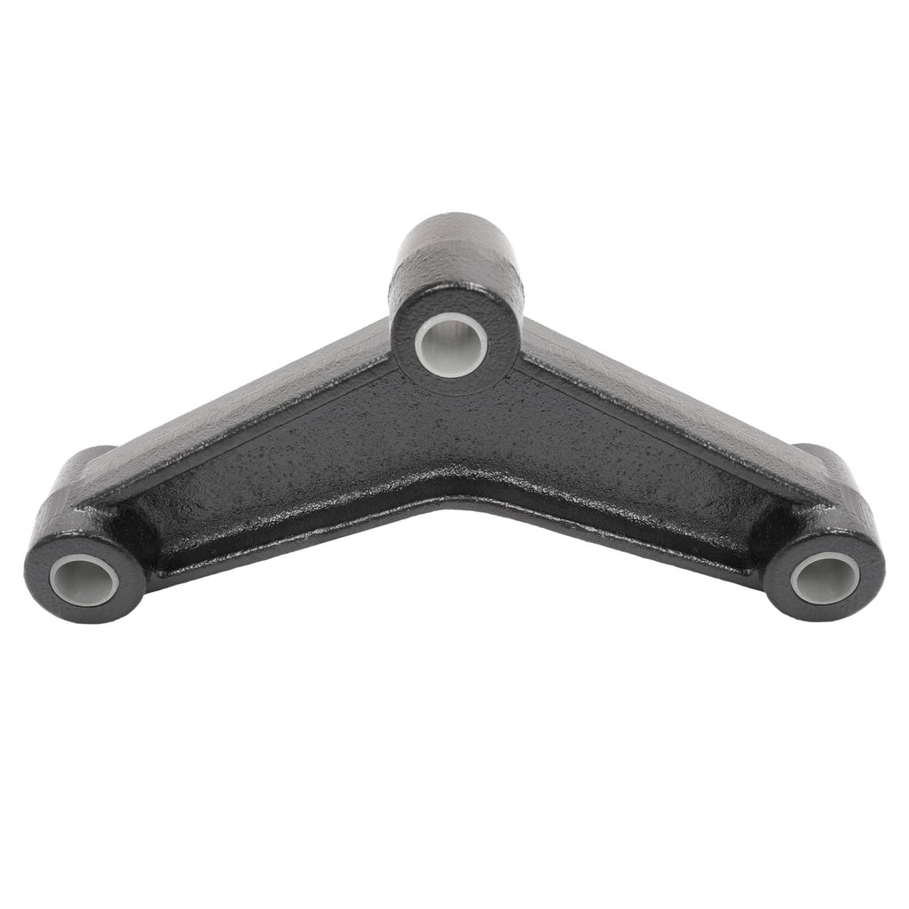 Metal leaf spring shackle bracket with two side eye bushings and central cap, dark gray