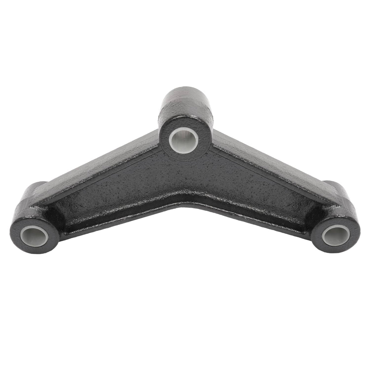 Metal leaf spring shackle bracket with two side eye bushings and central cap, dark gray