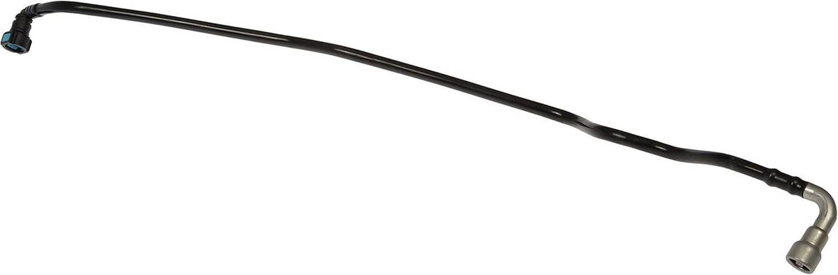 Rear fuel line assembly with black hose and metal flare fitting, straight view